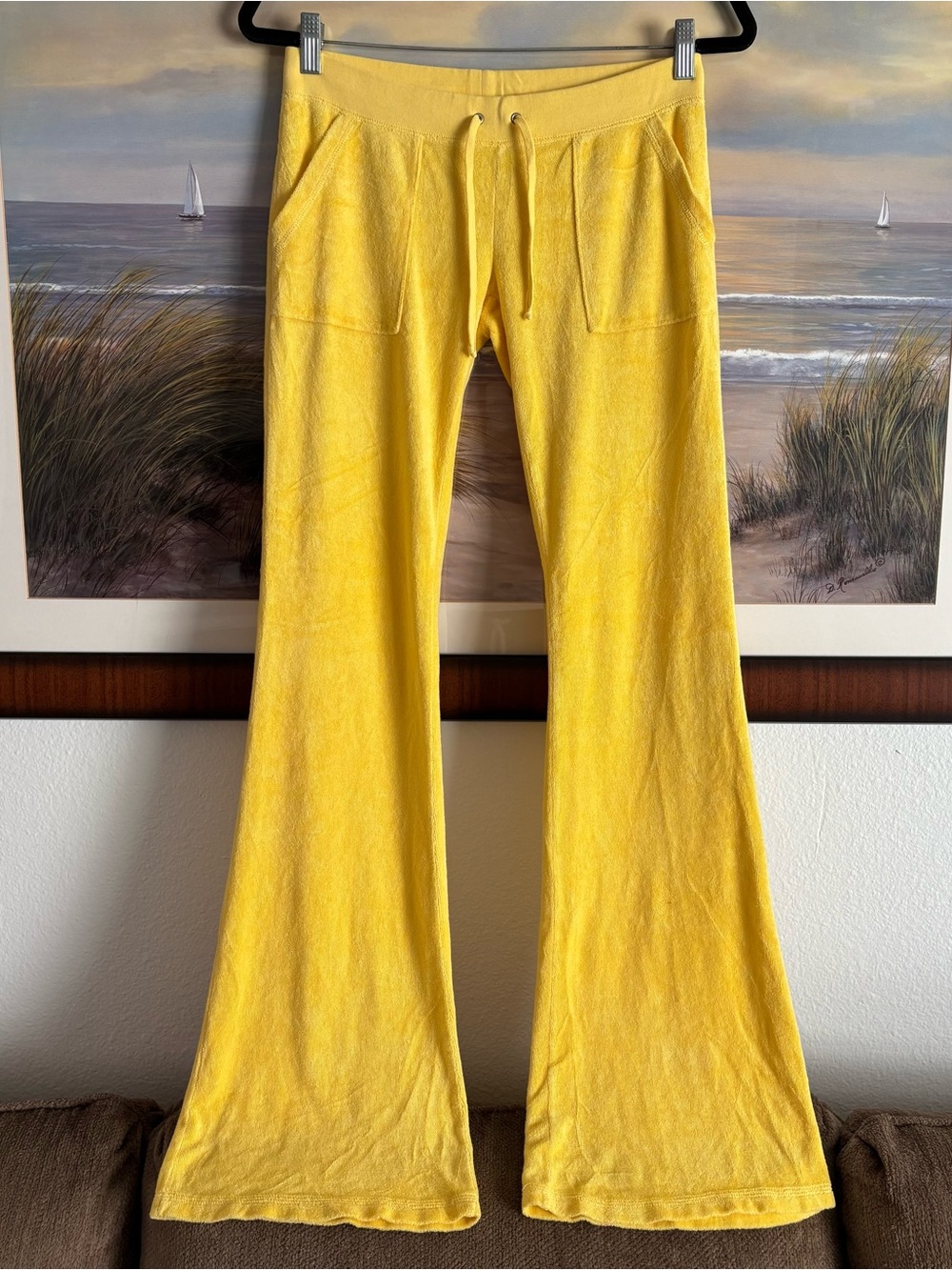 VTG Juicy Couture Ultra Low Rise Terry Cloth Flared Track Pants Yellow Y2K